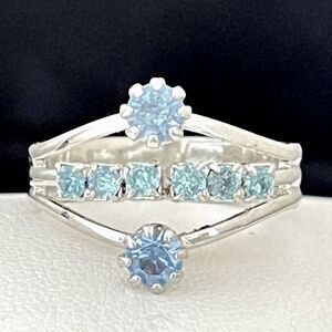 Vintage 1960s Cocktail Ring Mid Century Modern Blue Rhinestone Silver Tone - 4I
